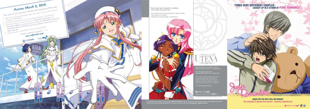 Sell sheets and print ads for ARIA The ORIGINATION (S3), Revolutionary Girl Utena, and Junjo Romantica.