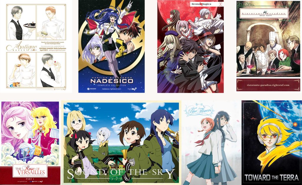 Covers and promo materials. First row (L to R): Antique Bakery, Martian Successor Nadesico, Rental Magica, and Ristorante Paradiso. Second row (L to R):  The Rose of Versailles, Sound of the Sky, Sweet Blue Flowers, and Toward the Terra. 