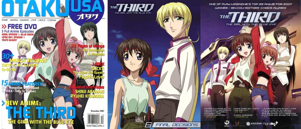 Otaku USA cover with The Third, The Third DVD, Vol. 6, and a sell sheet for The Third. THE THIRD: THE GIRL WITH THE BLUE EYE © 2006 The Third Partners.